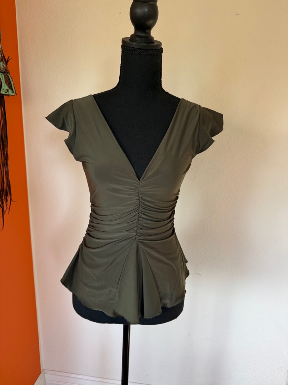 Newport Olive Ruched V-Neck Peplum Blouse